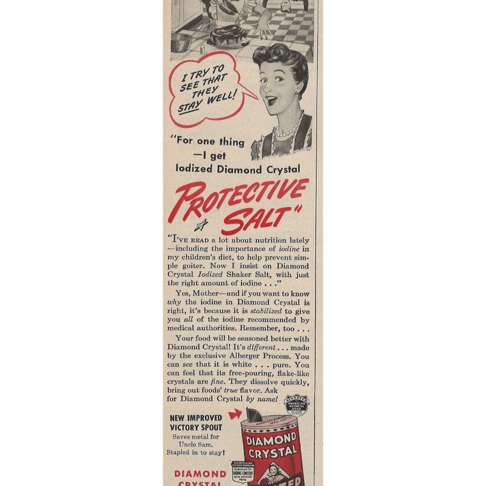 Diamond Crystal Iodized Shaker Salt Vintage Print Ad 1943 Nutrition Emphasis u